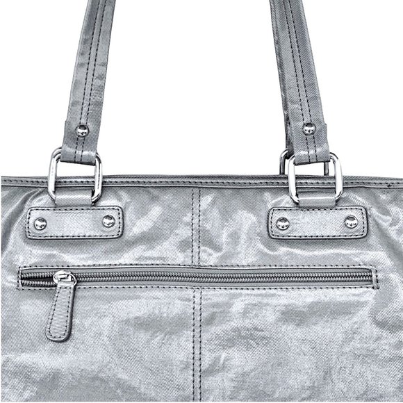 Vintage 90s metallic silver coated canvas, lined maxi tote bag 12" x 13" - Picture 7 of 9